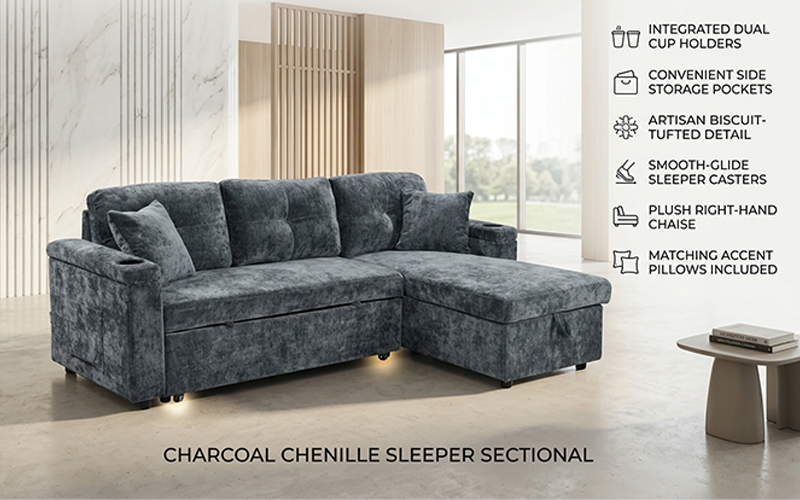 Monaco Convertible L-Shaped Sofa Bed with Pull-Out Sleeper & Chaise Storage (Blue)